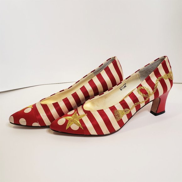 Vintage 80s/90s 80s Red/white White Polka Dot Gold Star Striped Heels By J. Rene - Picture 1 of 13